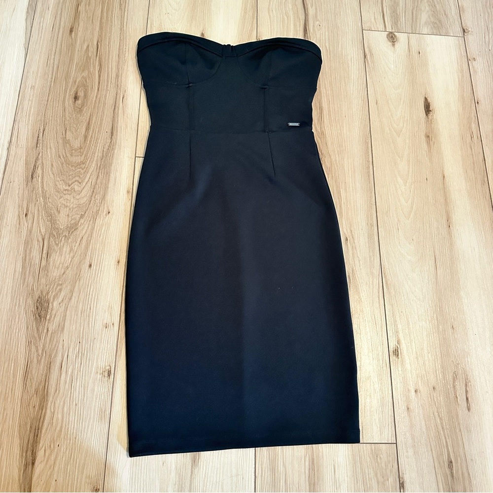 Vintage Guess black strapless midi dress with corset-style top has stretch